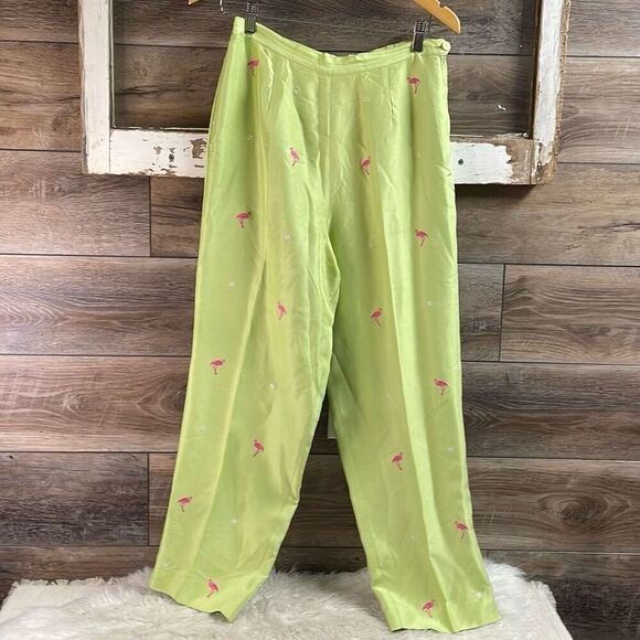 SilkLand Pants - SILKLAND Womens 100% Silk Floral Flamingo Green Lined Side Zip Pants Size 10